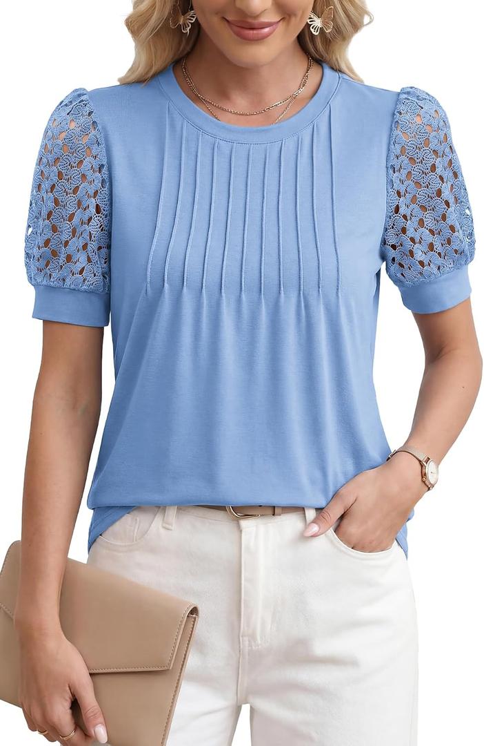 LUXVEER Women's Dressy Casual Blouses Puff Short Sleeve Lace Pleated Tops Business Work Shirts 2026 Trendy Summer T Shirt (Blue, S)