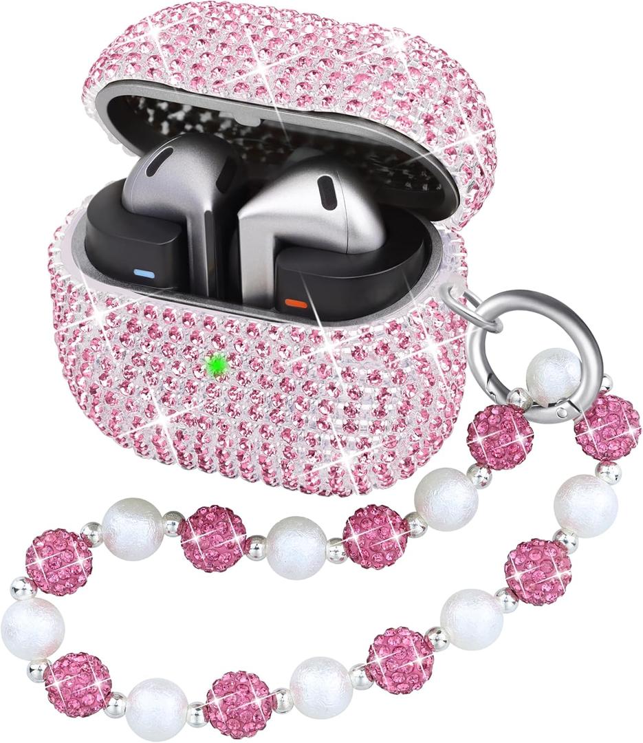Compatible with Samsung Galaxy Buds 3 Case & Galaxy Buds 3 Pro Case,Crystal Glitter Shining Cover,with Bling Lanyard Keychain Charm for Women (Pink)