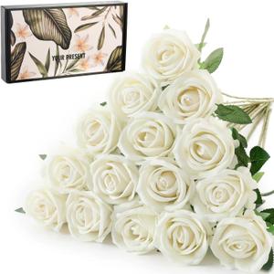 15Pcs Pearl White Roses Artificial Flowers Fake Roses Long Stem Velet Rose Silk Flowers for Home Wedding Decoration (Pearl Roses,White)