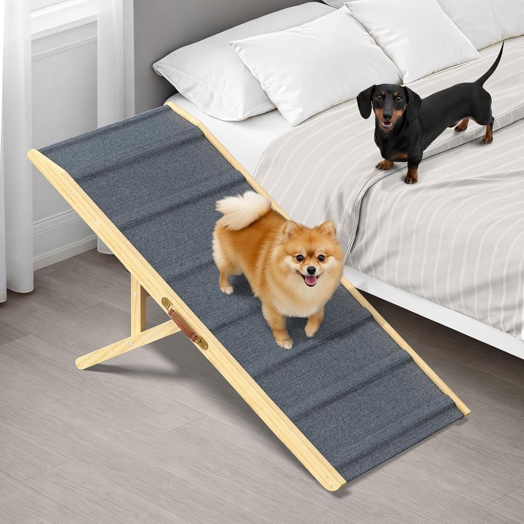 Pathosio Pets Adjustable Dog Ramp - 45" L x 18.5" W Bed Ramps for Small Dogs with 6 Incline Levels & Non-Slip Traction Carpet - Also Ideal for Medium & Large Breeds (Natural)