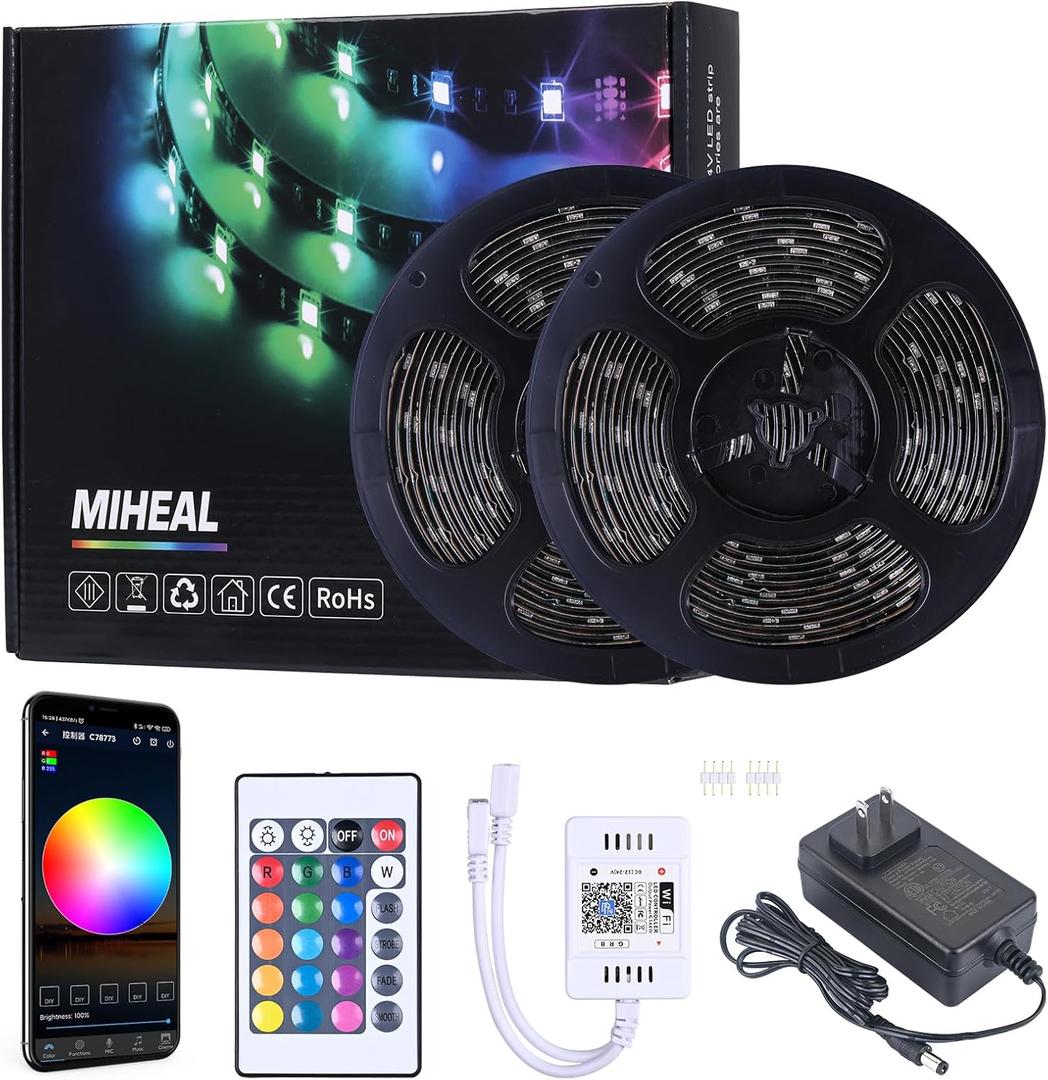 MIHEAL WiFi Wireless Smart Phone Controlled Led Strip Light Kit with DC12V UL Listed Power Supply Waterproof SMD 5050 32.8Ft(10M) 300leds RGB Music LED Light Strip Compatible with Android, iOS Alexa