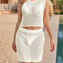 Fisoew Womens 2 Piece Crochet Sets Sleeveless Crop Tops Cover Up Beach Mini Skirt Outfits Vacation Sets