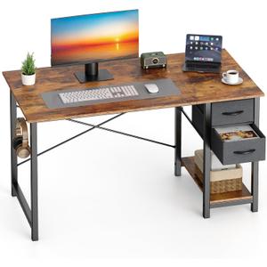 Sweetcrispy 40 Inch Computer Desk with Drawers for Home Office, Writing Desk with X-Shaped Reinforcement, Wood Table with Adjustable Position Drawers, Modern Study Work Table with Side Hook, Rust