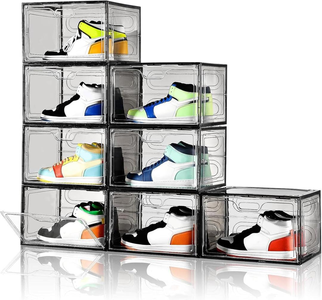 Amllas New Gray 8 Pack Shoe Boxes Stackable, Large Shoe Storage Organizer with Lids,Drop Side Shoe Containers for Entryway,Sneaker Storage Fit up to US Size 13 for Men/Women(13x 10.6x 8.3)