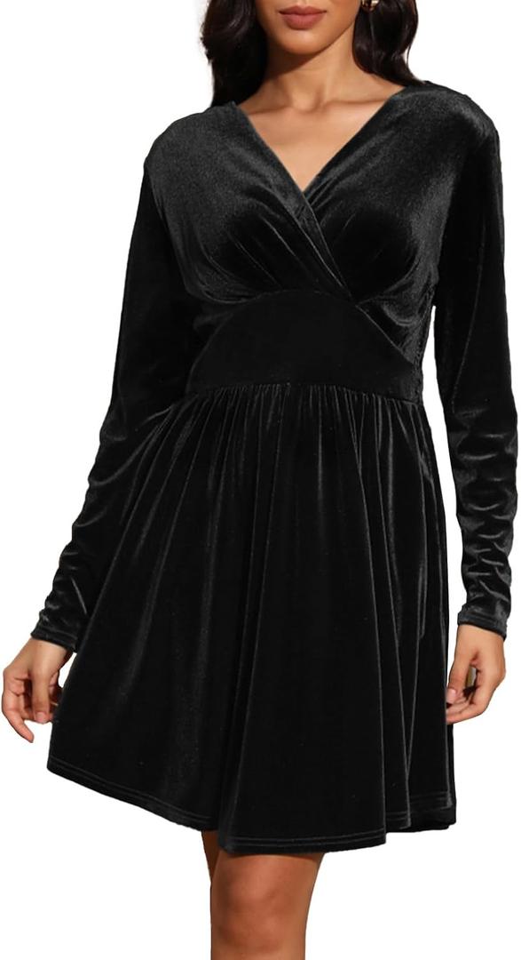 Jayscreate Women's 2024 V Neck Velvet Dress Pocket Long Sleeve Fall Winter Wrap Tunic Short Party Wedding Guest Dress (Black, M)