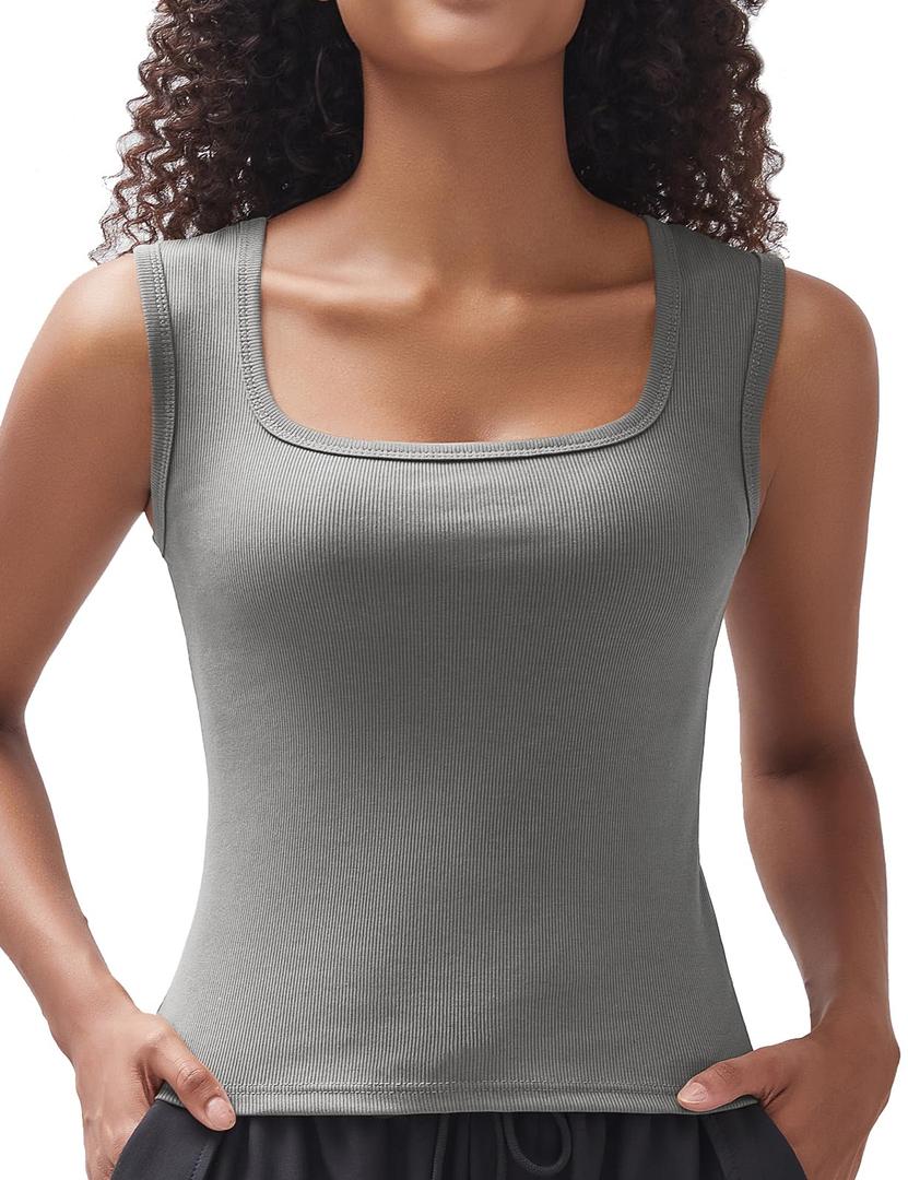 Women's Square Neck Ribbed Tank Tops Sleeveless Shirts Casual Basic Tanks Slim Fitted Workout Tops French Gray XL