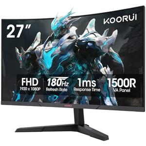 KOORUI 27 Inch Curved Gaming Monitor, Full HD 1080p 1500R 180Hz Computer Monitor, 99% sRGB, Adaptive Sync, Display Port 1.2x1 & HDMI 2.0x2, Eye Care, VESA Compatible, Black 27E6CA