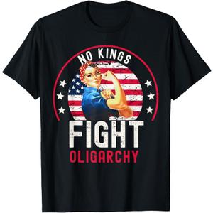 Vintage No Kings Fight Oligarchy Woman's Girl America Flag T-Shirt (Black, Size S)