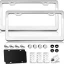 Mirror Polished Stainless Steel License Plate Frame Metal License Plate Cover License Plate Holder 2 PCS, Gloss Silver License Plate Frames with Chrome Screw Caps & 2 Holes, Rust-Proof