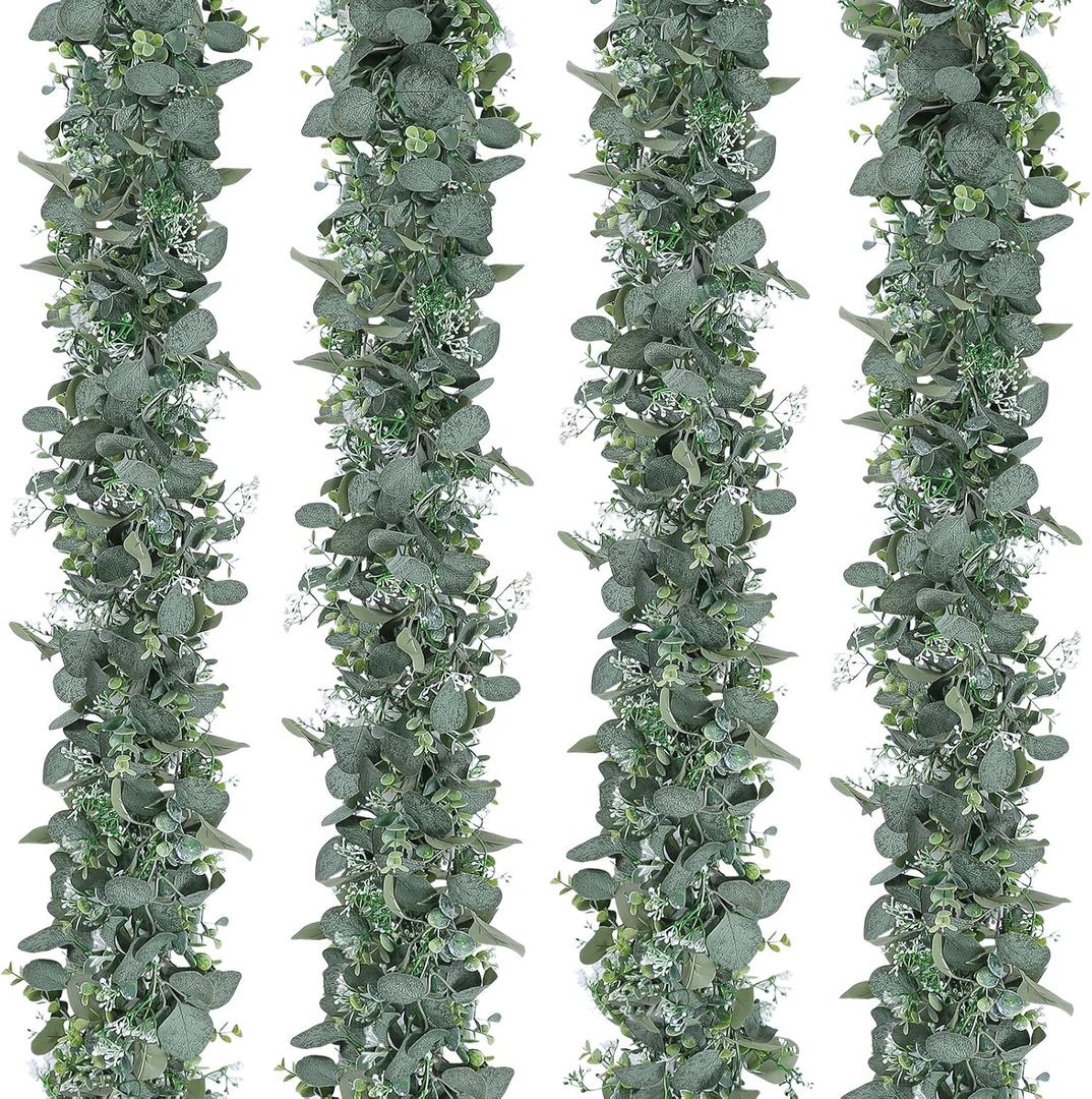 Artificial Eucalyptus Garland, Lush Silver Dollar Eucalyptus Leaves Vine Faux Greenery Garland Spring Garland for Mantel Baby Shower Wedding Party Table Room Home Decor 