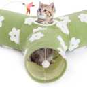 Tempcore Flannel Pet Cat Tunnel Tube Cat Toys 3 Way Collapsible, Cat Tunnels for Indoor CatsKitty Tunnel Bored Pet Toys Peek Hole Toy Ball Puppy, Kitty, Kitten, Rabbit Daisy Green