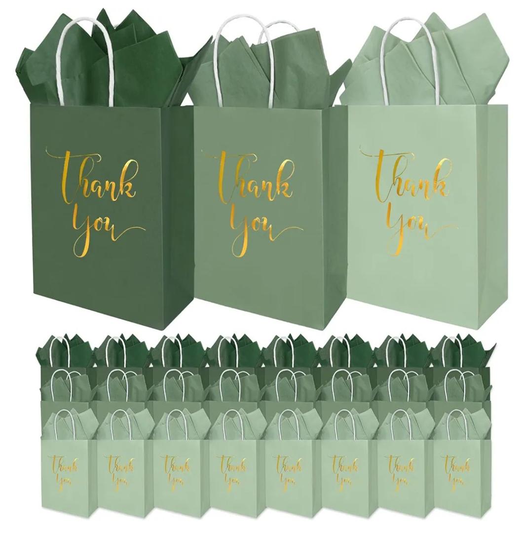 Whaline 30Pcs Sage Green Thank You Paper Gift Bags 3 Colors Mother's Day Gold Foil Thank You Party Favor Bags with Handle 40 Sheet Tissue Paper for Wedding Birthday One Lucky Duck Party Gift Wrapping