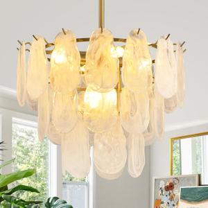 Modern Gold Cloud Glass Chandeliers, 19.68 Inches Creative Crystal Pendant Ceiling Fixture, 3 Tier Luxury Height Adjustable Chandelier, 6-Light for Bedroom Living Room Dining Room Hallway Foyer (E12)