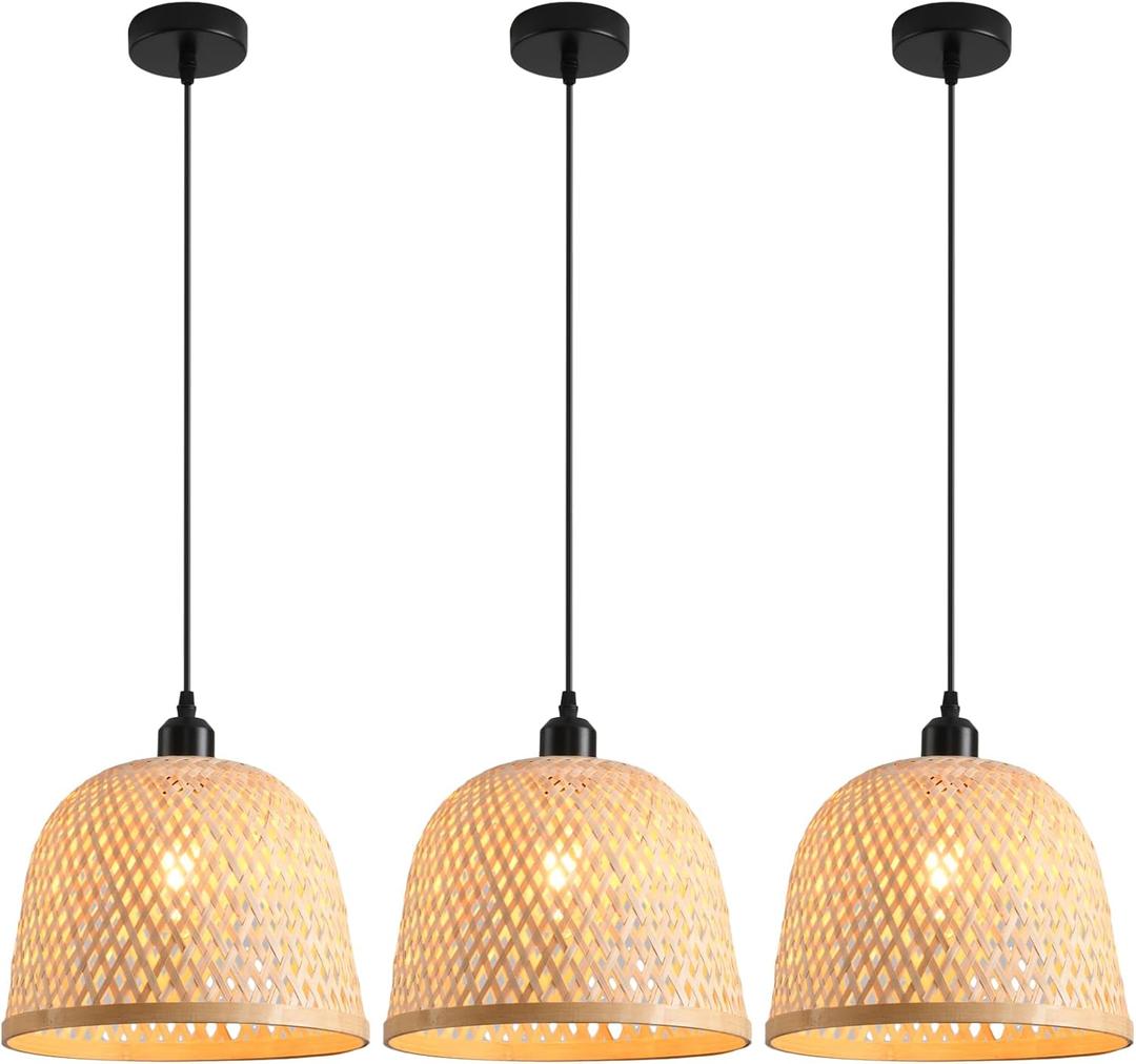 Hand Woven Bamboo Pendant Light 11.02" Bamboo Chandelier,3-Pack Rattan Ceiling Hanging Light,for Living Room Kitchen Dining Room Farmhouse (11.02", Bamboo Oval)