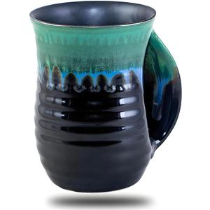 Hand Warmer Mug for Christmas - 16 Ounce Large Handwarmer Mugs Ceramic Handmade Pottery Gift for Holiday with Pocket Handle, Keep Your Fingers Warmth (Right Handed,Forest Green/Black)