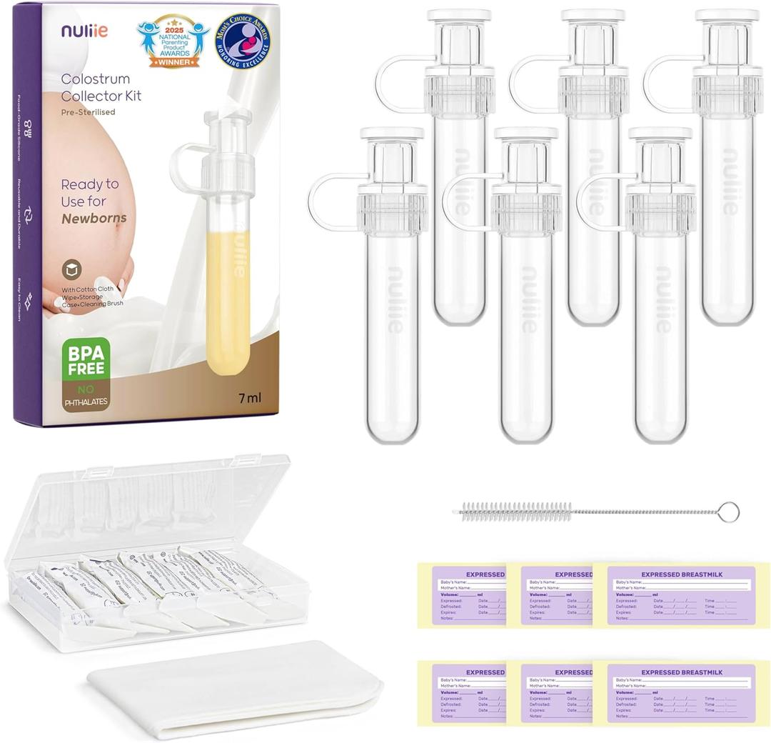 Nuliie Colostrum Collector Kit 7 mL/6 pcs, Leakproof, Reusable Breast Milk Collector, Heat & Freezer Resistant, BPA-Free, With Cotton Cloth Wipe, Storage Case, Cleaning Brush - Ready-to-Use for Newborns