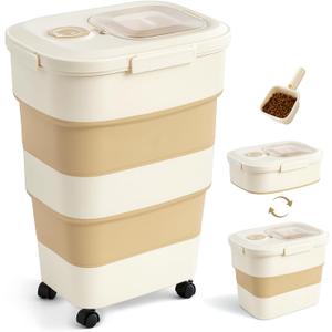40-50lbs Dog Food Storage Container, Large Capacity Collapsible Airtight Pet Food Storage Containers with Rolling Wheels, Transparent Lid, Scoop and Date Track, Khaki