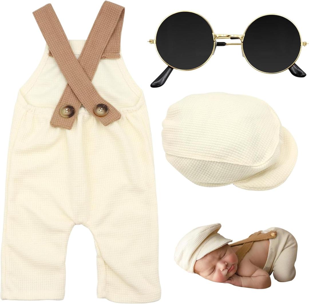SPOKKI New Born Photoshoot Outfit - Newborn Boy Photography Set With Bib Pants, Hats and Glasses (White)