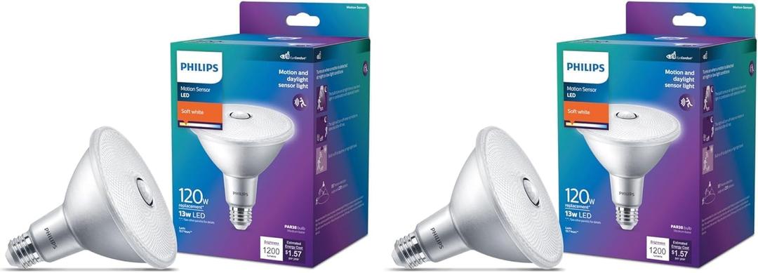 PHILIPS LED 120W PAR38 2-Pack Motion Sensing Soft White (2700K) 1200 Lumen (13W = 120W) Frosted Flicker-Free Light Bulbs