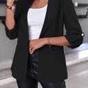 3/4 Roll Tab Sleeve Open Front Blazer Women's Casual Work Jacket (Black) L