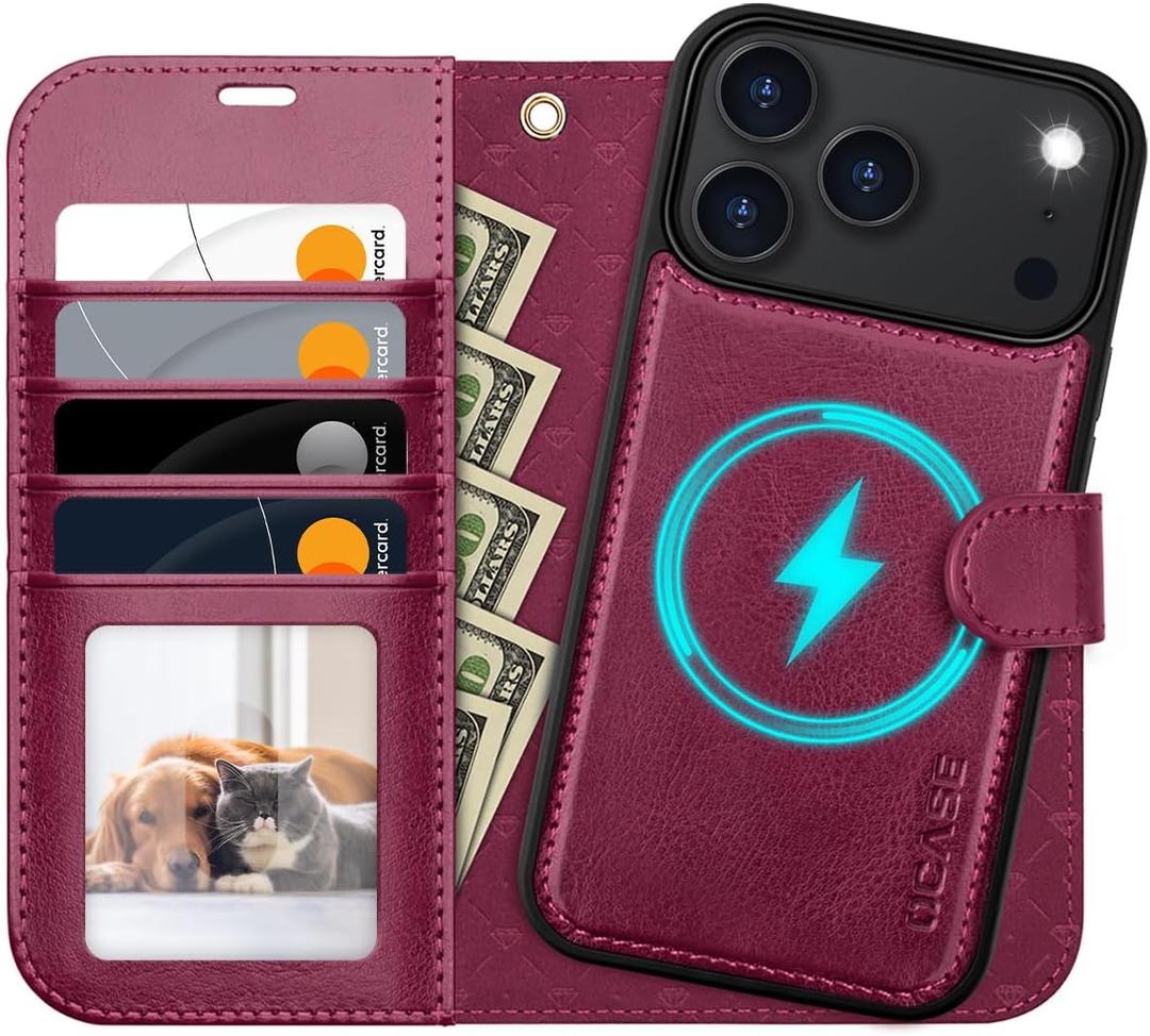 OCASE for iPhone 17 Pro Max Detachable Wallet Case with Card Holder, 2 in 1 PU Leather Flip Folio with RFID Blocking Stand Wrist Strap Shockproof Phone Cover 6.9 Inch 2025, Burgundy