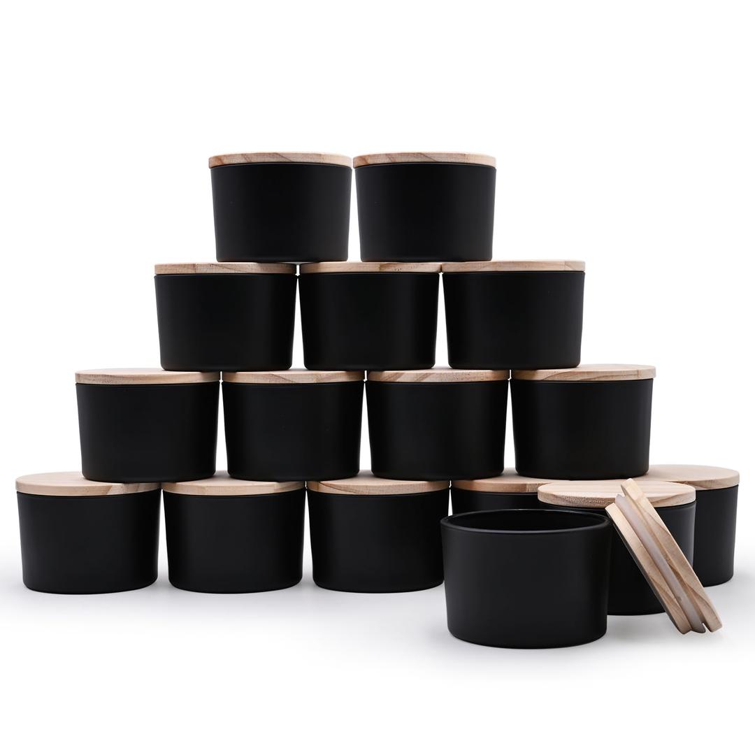 SHOWIN Thick Candle Jars for Making Candles 16 Pcs, 4 OZ Empty Jars with Wood Lids for Candle Making, Sample Container - Dishwasher Safe,Matte Black