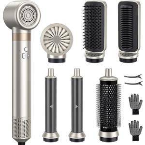 6-in-1 Hot Air Styler & Blow Dryer Brush, Ionic Hair Dryer Volumizer, Multi-Function with Interchangeable Attachments for Curling, Straightening & Fast Drying, Ideal Gift for Women(Champagne Gold)