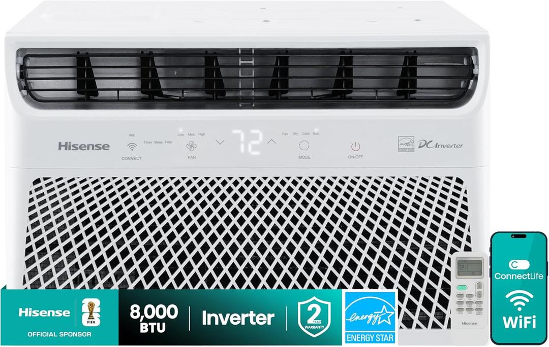 Hisense 8,000 BTU Smart Inverter Window Air Conditioner, 3 modes (Cooling, Fan, Dehumidifier), Easy Installation,Ultra Quiet, 37.6% more Energy Saving
