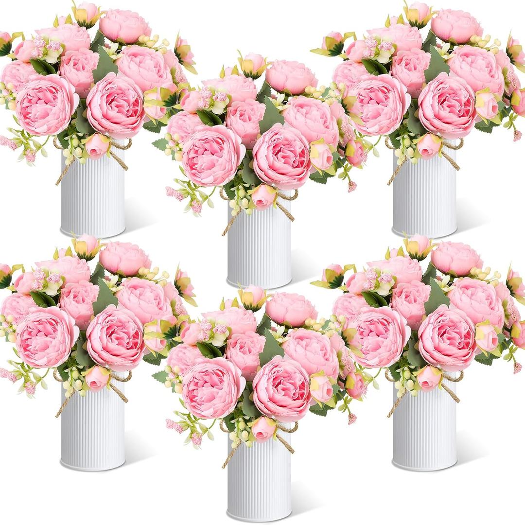6 Sets Artificial Peonies Flower Peony Bouquet with Galvanized Metal Pot Silk Fake Peonies Faux Flower Arrangements for Wedding Table Centerpiece Party Home Room (Pink)