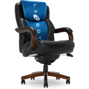 La-Z-Boy Delano Big & Tall Executive Office Chair, Ergonomic Mid-Back with Body Pillow Lumbar Support, ComfortCore with Memory Foam Cushion, Mahogany Wood Arms and Swivel Base, Bonded Leather, Black
