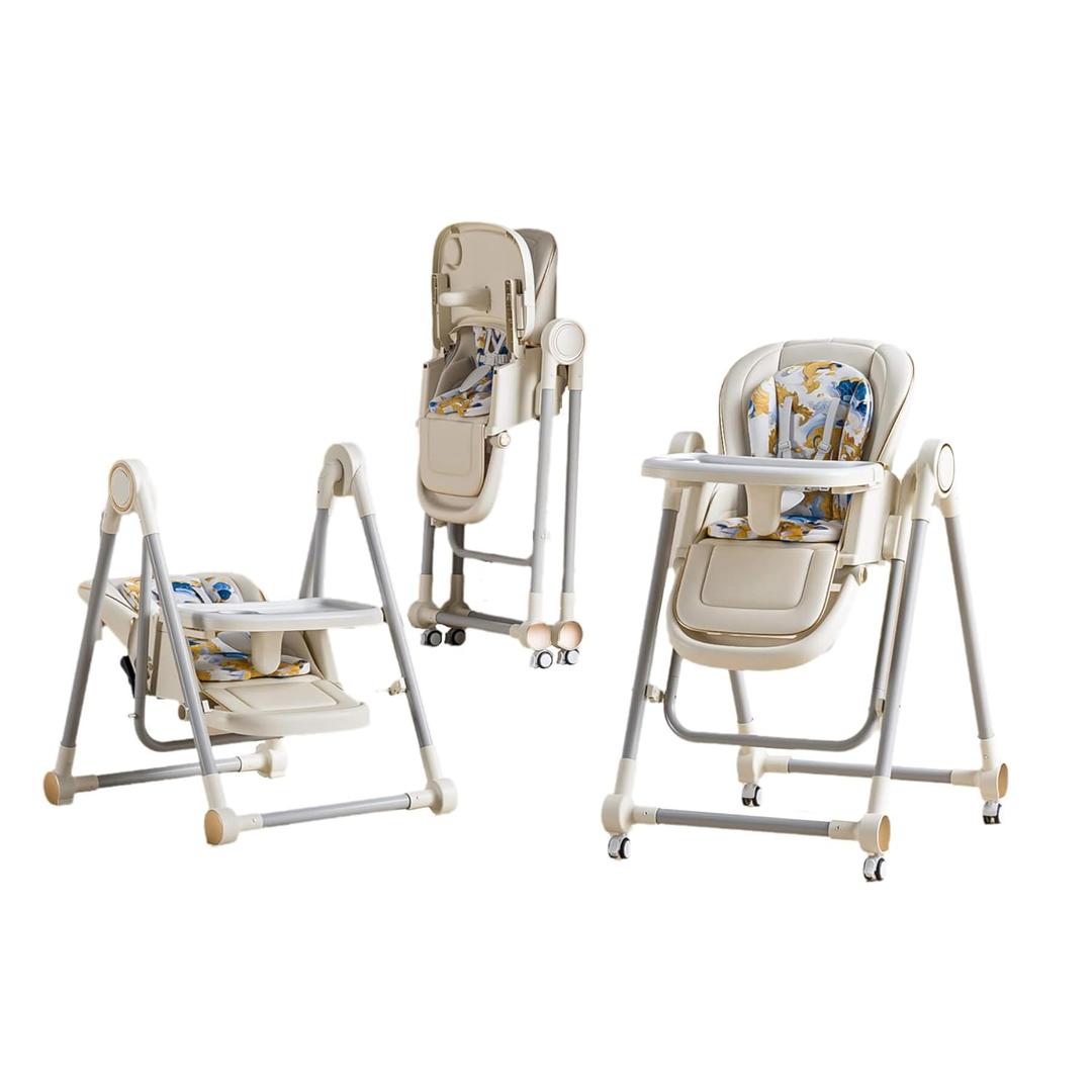5 in 1 Baby High Chair Swings for Infants Soothes to Sleep Reclining Foldable Rocking 8 Level Height Adjustment Eco Friendly Washable PU Cushion Baby Feeding Chair (White)