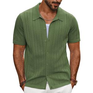 PJ PAUL JONES Mens Knit Button Down Shirts Vintage Short Sleeve Casual Polo Shirt Regular Fit Beach Top, Army Green, Medium