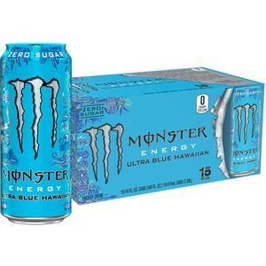 Monster Energy Ultra Blue Hawaiian, Sugar Free Energy Drink, 16 Ounce (Pack of 15)