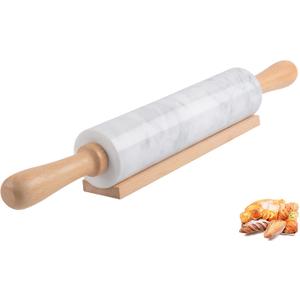 Marble Rolling Pin with Wooden Cradle Thick Handle Set for Baking,18.5 inch Premium Quality Polished Roller for Pizza Dough,Fondant,Pie Crust,Non-Stick Surface Easy to Clean(White)