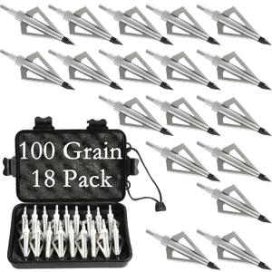 18 Pack Hunting Broadheads with Storage Case, 100/125 Grain Archery Broadheads, 3 Blade Archery Arrows Hunting Points Metal Tips Compatible with Crossbow and Compound Bow