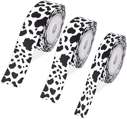 3 Rolls Cow Print Ribbon - 15 Yards, Cow Spot Pattern, Animal Print, Black and White for DIY Crafts, Gift Wrapping, Party Decorations (3 Sizes Mix)