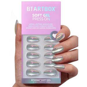 BTArtbox Press On Nails Short - Chrome Cat Eye Almond Press On Nails with Glue for Women, Opaque Soft Gel Glue On Nails in 16 Sizes - 32 Stick On Nails Kit, Chaos Chrome