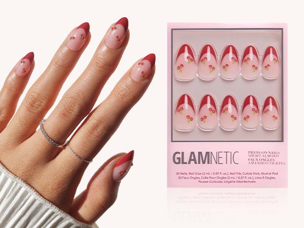 Glamnetic Press On Nails - Cherry Bomb | Short Almond Fake Nails with Glossy Red French Tips & 3D Cherry Accents on Semi-Transparent Base, Salon Quality | 15 Sizes - 30 Nail Kit with Glue