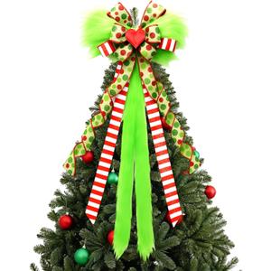 Red Green Christmas Tree Topper Bow 45"x13" Large Furry Bow Tree Topper Christmas Green Elf Decorations Furry Monster Elf Ornaments for Holiday Xmas Ornament Indoor Outdoor Decoration