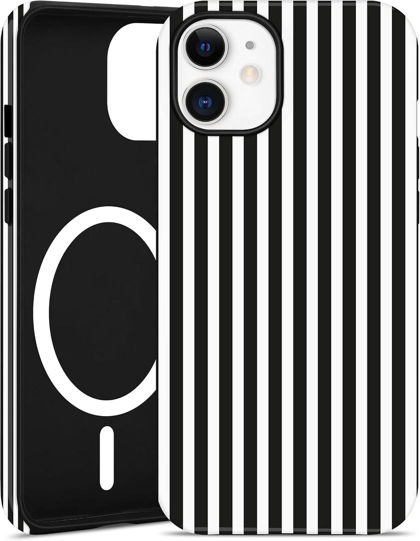 Jusy Compatible with MagSafe Striped Case for iPhone 17 Pro, Cute Aesthetic Striped Magnetic Phone Case, Soft TPU and Hard PC Protective Phone Cover for Women Girls(Matte) - Black