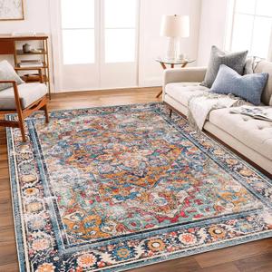 Washable Area Rug 9'x12' Boho Chic Medallion Distressed Design Non-Shedding Easy Care Ideal for High Traffic Areas in Living Room Bedroom Office Coffee Table Large Carpet (9' x 12' (Rectangular), Blue and Yellow)