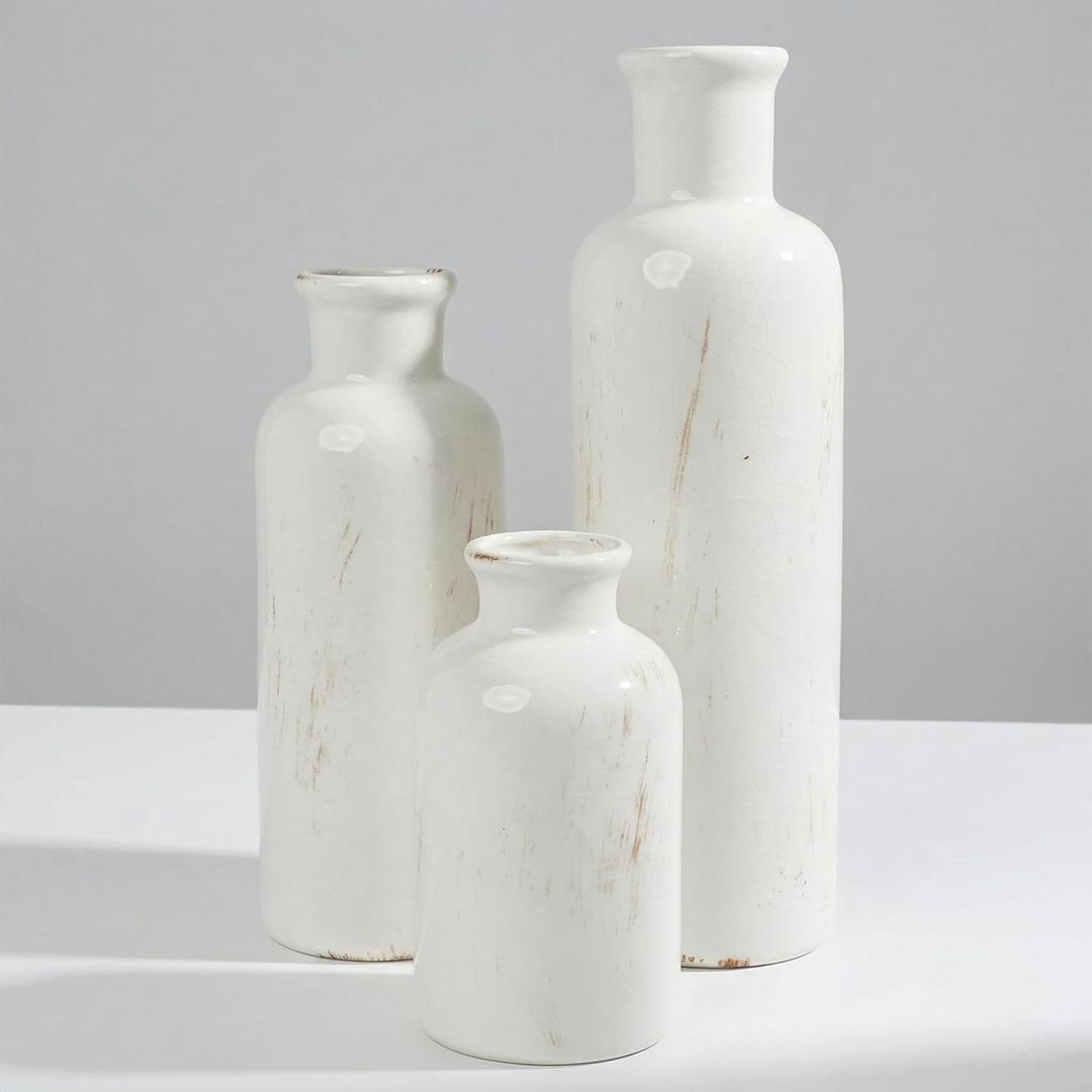 White Ceramic 3 Piece Vase Set, Vintage Farmhouse Decorative Home Decor Vases for Living Room & Kitchen, Distressed Crackle Glaze Flower Vases for Table Bookshelf Mantel & Office