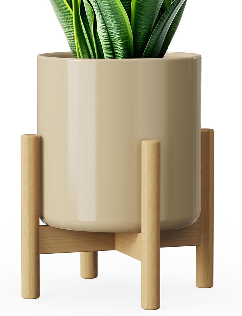 8 Inch Ceramic Planter with Wood Stand, Mid-Century Modern Minimalist Design Plant Pot with Drainage & Luxurious Stand for Indoor Home Decor (Khaki)