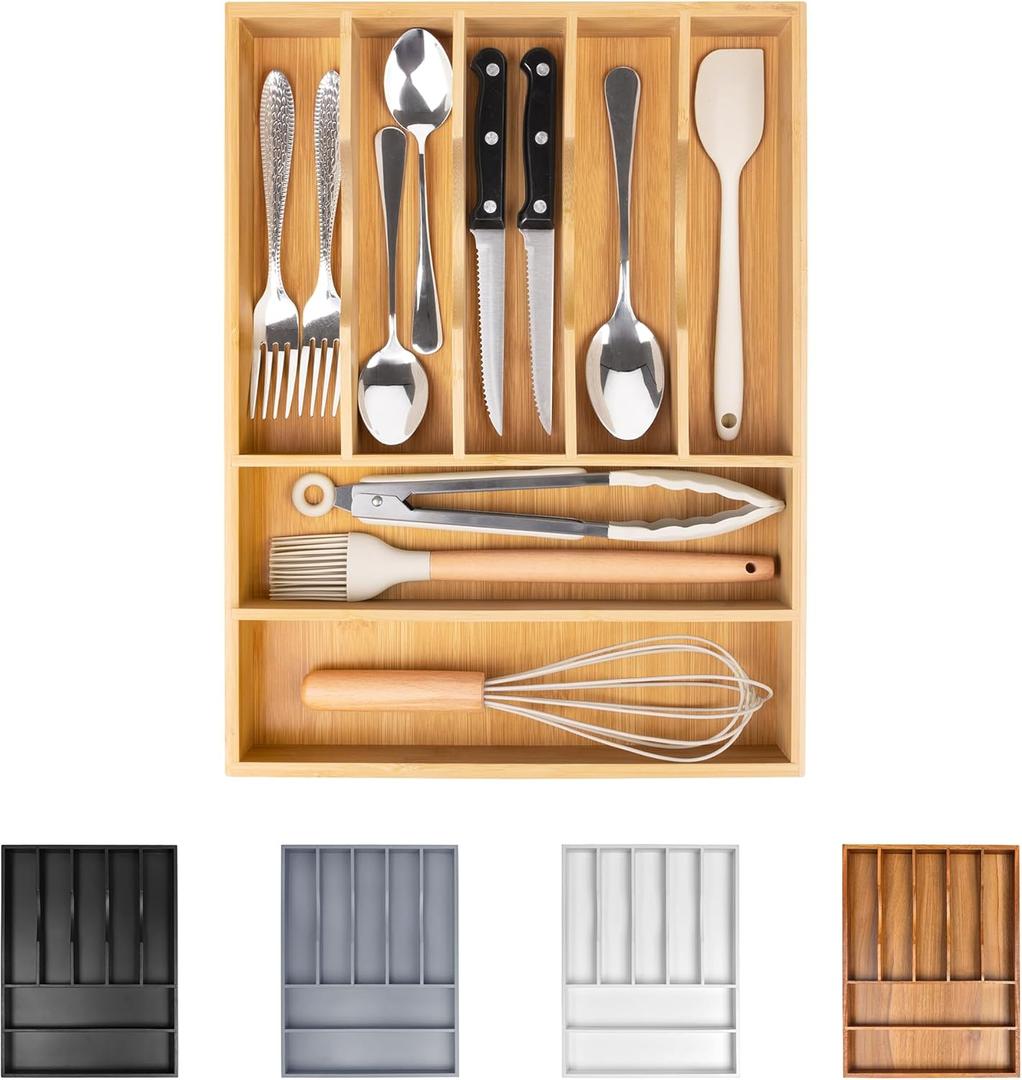 Bellsal Bamboo Silverware Drawer Organizer, Kitchen Utensil Drawer Organizers, 12"x15.7" Utensils Holder Cutlery Tray with Grooved Drawer Dividers for Kitchen Flatware Bedroom Office(7 Slot, Natural) (Nature)