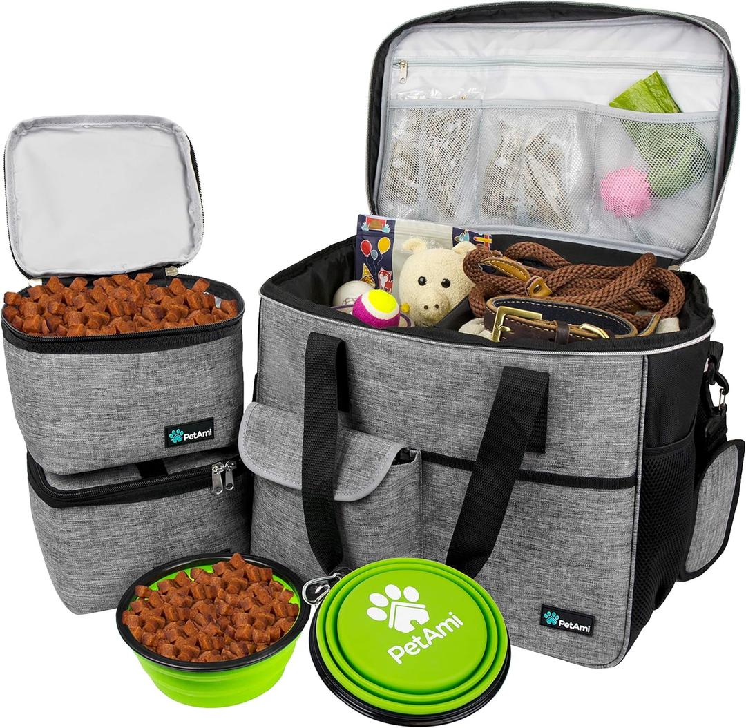 PetAmi Dog Travel Bag, Travel Pet Bag Organizer, Dog Food Travel Bag with Food Container and Bowls, Dog Travel Supplies Gift Accessories for Weekend Camping, Dog Cat Diaper Bag (Grey, Large) (Large - 15.5"L x 9.5"W x 14.0"H)