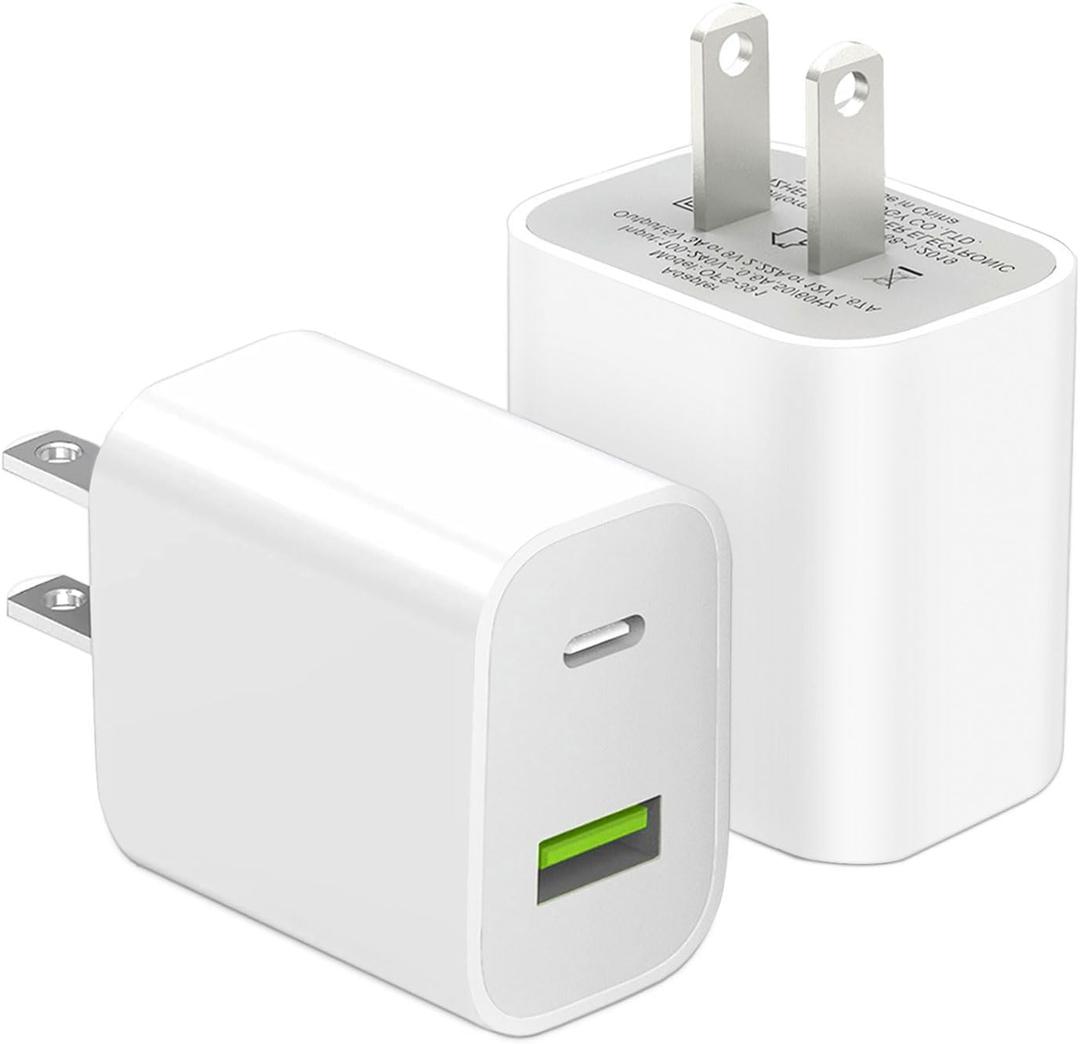 2 Pack USB C Charger Block, Dual Port Type C Wall Charger Fast Charging 20W Power Adapter Cube for iPhone 14/14 Pro/14 Pro Max/14 Plus/13/12/11, XS/XR/X, iPad, Samsung, More (White)