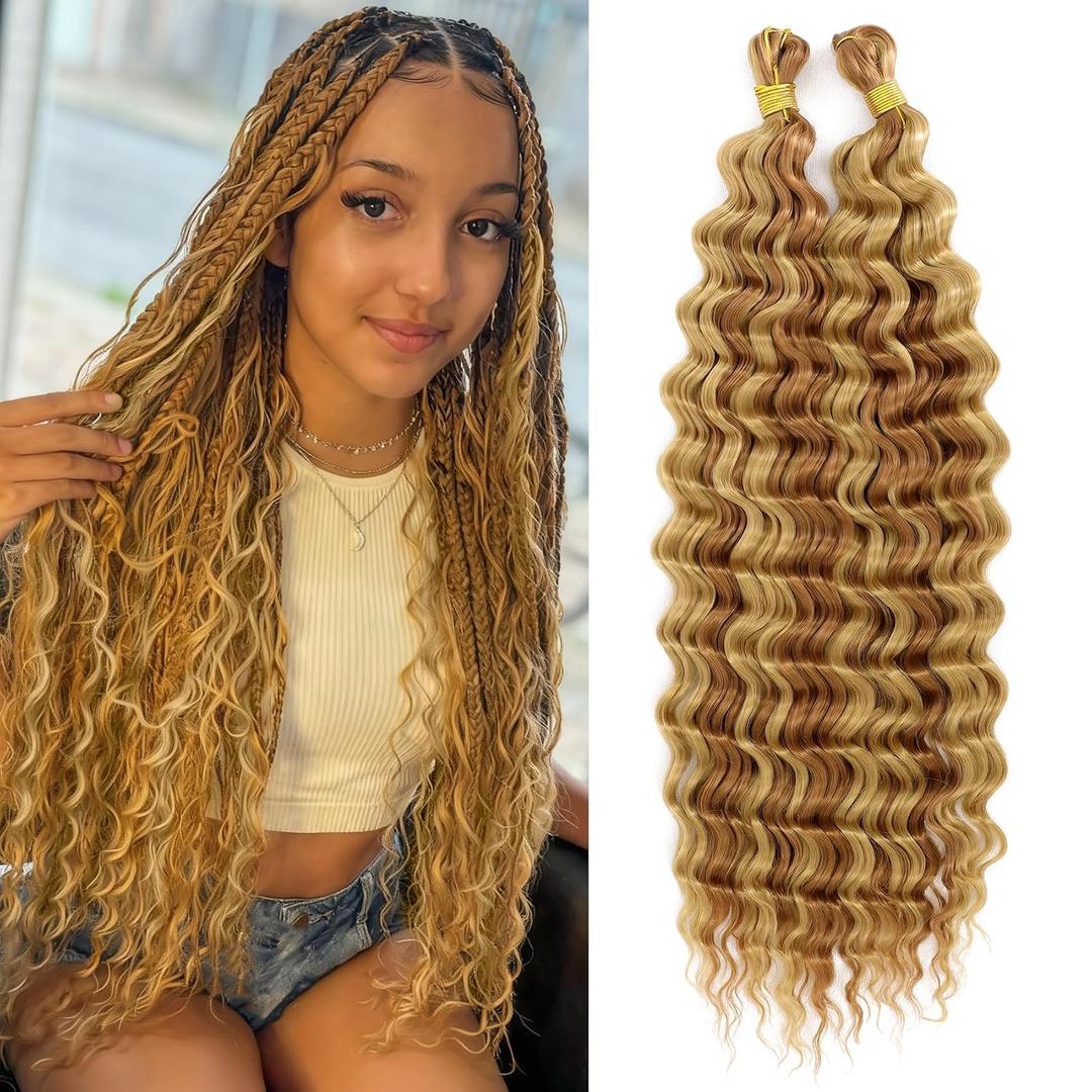 Eerya Long Curly Braiding Hair 20 Inch 2 Packs Ocean Wave Crochet Hair for Black Women Deep Wave Braiding Hair for Boho Braids(20inch,P30/27)