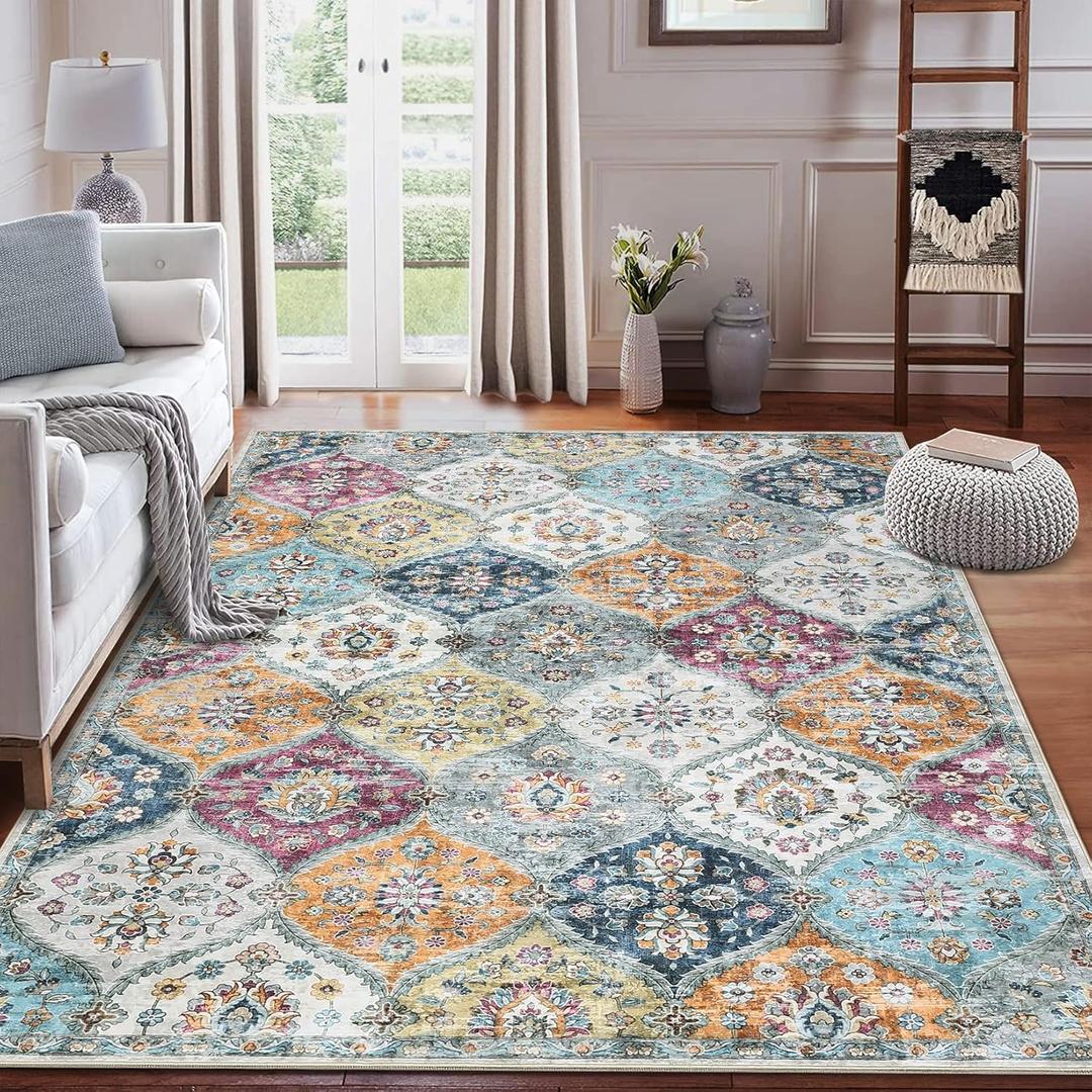 10x13 Area Rug Extra Large Rug Moroccan Trellis Machine Washable Rug for Living Room Vintage Medallion Distressed Floor Cover Stain Resistant Non-Slip Carpet for Bedroom, Purple/Grey