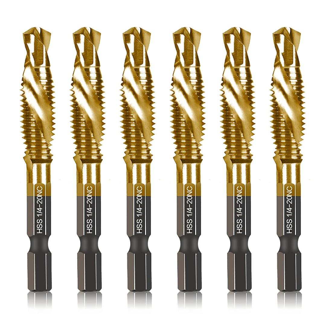 6-pc 1/4-20NC Combination Drill Tap Bit Set SAE, 1/4" UNC-20 Thread Size, Titanium Coated High-Speed Steel, Ideal for Drilling and Threading in Soft Metal Wood and Plastic, 1/4 Hex Shank