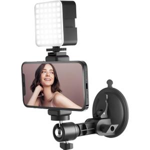 LenTok Suction Cup Mirror Phone Holder with Light, Travel Wall Phone Camera Mount for Makeup Content Creator Essentials, Mirror Tripod for Bathroom Kitchen Compatile with All Smooth Surface (Black)